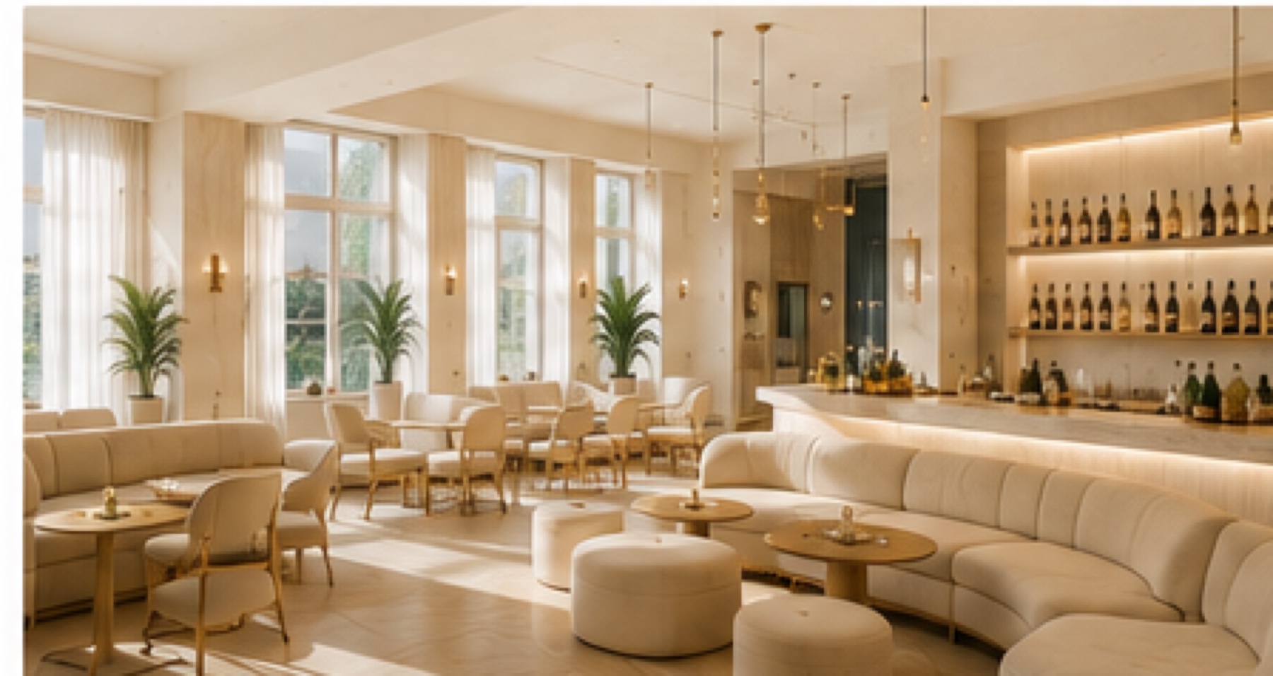 Helle Lounge mit Travertin, Messing und Tageslicht